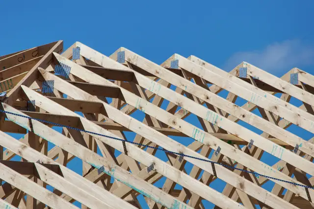 Timber roof framing against a blue sky